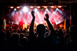 © 9parusnikov - The man with raised hands during the music concert. Crowd and stage light in a concert hall.
