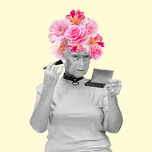 Extravagant Senior Woman With Flowers On Head Over Light Background. Collage In Magazine Style. Surrealism, Art, Creativity, Fashion And Retro Style Concept.