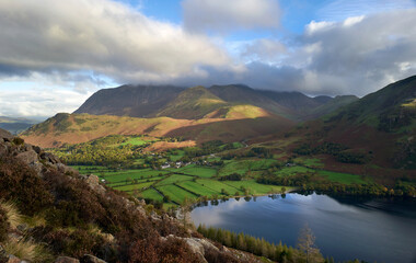 Poster - The cloud covered summit of Grasmoor above Crummock Water and Buttermere in Autumn in the Lake District, UK.