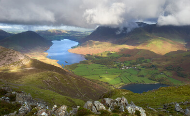 Poster - The cloud covered summit of Grasmoor above Crummock Water and Buttermere in Autumn in the Lake District, UK.