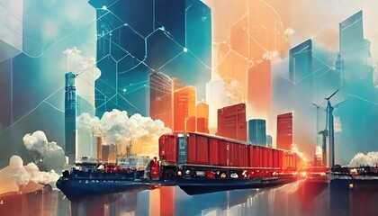 Aufkleber - Logistics and transportation, train, tractor, truck on the background of high-rise buildings. Business partners in the logistics global distribution network. 3d rendering and illustration.