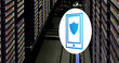 Image of data processing with shield icon over server room