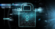 © vectorfusionart - Image of data processing with padlock icon over light spots on black background