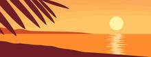 Beautiful Orange Sunset On The Beach. Tropical Palm. Sea And Ocean. Paradise Lagoon. Wild Exotic Landscape For Background. Vacation And Travel. Paradise Lagoon. Vector Illustration Panorama