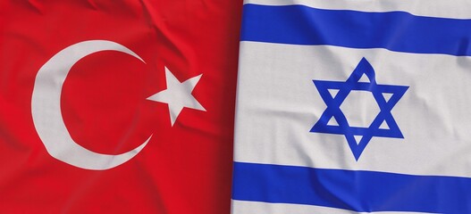 Wall Mural - Flags of Turkey and Israel. Linen flag close-up. Flag made of canvas. Turkish, Istanbul. Israeli. State national symbols. 3d illustration.