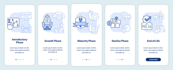 Wall Mural - stages of product lifecycle light blue onboarding mobile app screen. walkthrough 5 steps editable gr