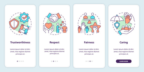 Wall Mural - Types of business ethics onboarding mobile app screen. Respect, caring walkthrough 4 steps editable graphic instructions with linear concepts. UI, UX, GUI template. Myriad Pro-Bold, Regular fonts used