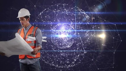 Wall Mural - Animation of network of connections over caucasian male worker with schema