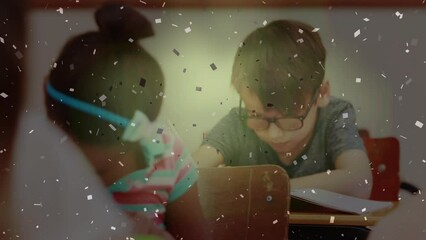 Sticker - Animation of falling confetti over caucasian school boy