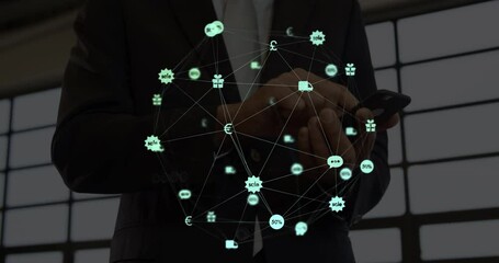 Wall Mural - animation of network of connections over person using smartphone