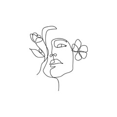 Wall Mural - Face woman line drawing art with floral