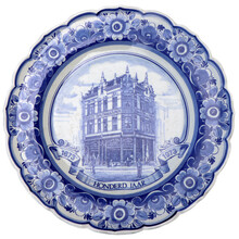Old Blue And White Ceramic Plates With Traditional Dutch Landscape, Canals, Boats, Windmills, Isolated