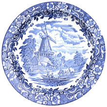Old Blue And White Ceramic Plates With Traditional Dutch Landscape, Canals, Boats, Windmills, Isolated
