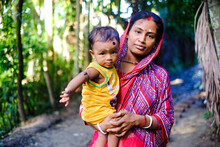 South Asian Young Mother With Her Son, Bangladeshi Hindu Religious Woman Wearing Traditional Clothes, Mom With Child 