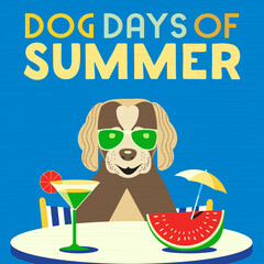 Wall Mural - Dog days Summer Time cute comic cartoon illustration. Colorful humor retro style. Canine in sunglasses enjoy beach vacation leisure relax. Summertime journey travel vector banner background template