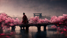 Fantasy Japanese Landscape With Sunset. Ghost, Geisha Silhouette, Foggy Old Bridge, Water Reflection, Cherry Blossom, Samurai. Beautiful Japanese Fantasy Background. 3D Illustration.