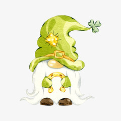 St Patrick's day leprechaun. Watercolor gnome with gold horseshoes. Hand drawn illustration of leprechaun isolated on white background.