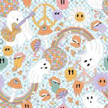 Retro 70s 60s Hippie Halloween Ghost Disco Party Daisy Smilie Zombie Flower Rainbow Vector Seamless Pattern. Groovy Spook Discotheque Background. Disco Ball Vampy Lips Mushrooms Rave Surface Design.