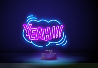 Wall Mural - Comic speech bubble neon sign. Yeah text. Pop art burst design. Glowing effect poster. Emotion concept on brick wall. Vector stock illustration