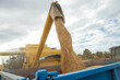 © ADDICTIVE STOCK - Combine harvester unloading grains in countryside
