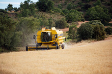 Combine Harvester Driving On Agricultural Field