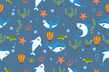 Sharks Pattern. Cartoon Shark, Seaweed Print. Sea Wildlife, Underwater World Vector Seamless Texture