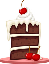 Vector Illustration Of A Cartoon Slice Of Chocolate Cake With Gooey Icing And Cherries.