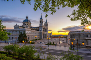 Wall Mural - cathedral santa maria la real de la almudena in madrid, spain. sunset cityscape of `madrid.