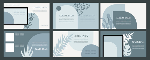 Wall Mural - Set of abstract natural templates for presentation. Horizontal banners. Vector flat illustrations. EPS 10. Blue flat presentation design