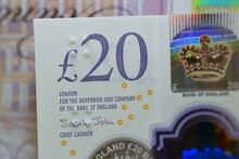 A Closeup Of £20 Twenty Pounds Cash Money Bill Sterling Polymer Banknote From The Bank Of England That Features The Queen And J. M. W. Turner, Selective Focus Of A Macro Shot Of United Kingdom Money