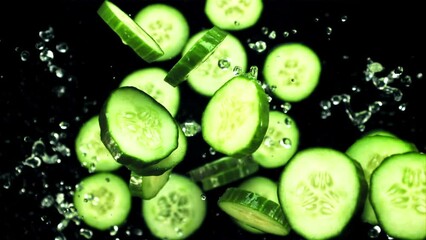 Wall Mural - Pieces of fresh cucumbers fly up with drops of water. On a black background.Filmed on a high-speed camera at 1000 fps.