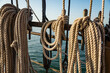 Mooring ropes coiled on a old boat. Strong braided ropes for anchoring the boat in sunset light.