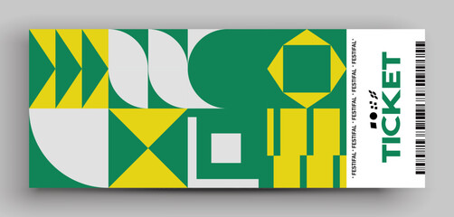 Ticket vector template layout with abstract pattern design graphics made with simple shapes and forms.  Useful for creating invitations, banners, posters, flyers, prints, labels, tickets.