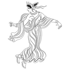 Ancient Greek woman or goddess dancing or flying. Vase painting style. Black and white linear silhouette.