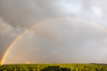 Wall Mural - large rainbow in gray blue sky over sunlit city park before thunderstorm on sunny summer day