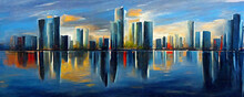 Skyline City View With Reflections On Water Oil Painting