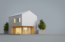 Modern House Exterior With White Metal Sheet And Wood Isolated On Gray Background.3d Rendering