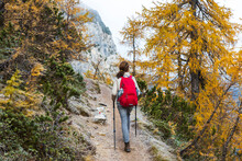Woman With Red Backpack Hiking In Autumn Colours Mountains