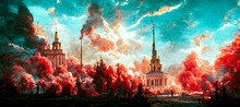 Two Religious Buildings In A Scene Where Red Trees And A Blue Sky Come Into Their Own, Creating A Rounded Impression Of A Beautiful Landscape With A Dramatic Sky
