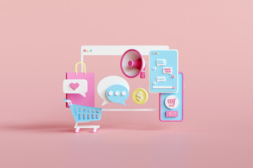 Wall Mural - shopping online on mobile phone application concept, digital marketing promotion of digital stores. 