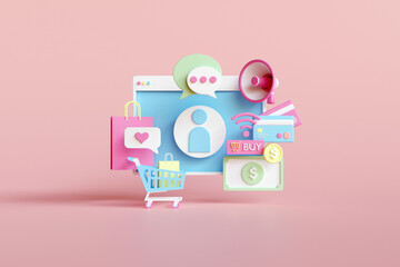 Wall Mural - shopping online on mobile phone application concept, digital marketing promotion of digital stores. 