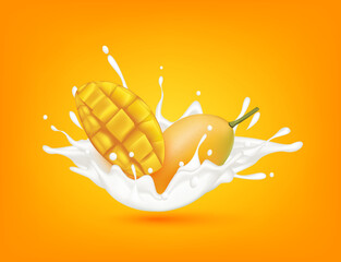 Wall Mural - Mango milk yogurt splashing isolated on orange background. Health concept. Realistic 3d vector illustration. Can used for product design advertising beverage and food products.