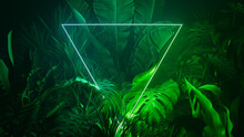 Blue And Green Neon Light With Tropical Plants. Triangle Shaped Fluorescent Frame In Jungle Environment.
