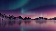 Winter Landscape With Aurora Borealis. Blue Sky Banner With Copy-space.