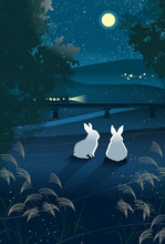 秋の月と二匹のウサギのイラスト