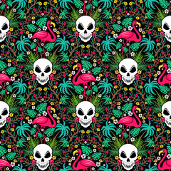 Wall Mural - Skull and Flamingo Floral Seamless Pattern