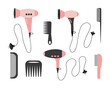 Hair salon vector tools set. Hair dryer and comb kinds flat illustration set.