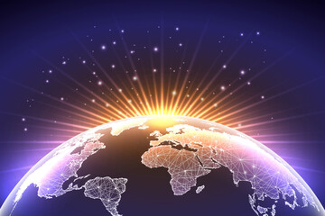 Wall Mural - Planet Earth map view from space with sunrise concept banner in futuristic glowing style on purple 