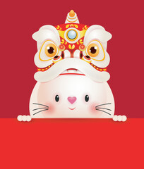 Happy Chinese new year 2023 year of the rabbit Little bunny with red big sign board, gong xi fa cai, zodiac Cartoon isolated on red background vector illustration 