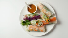 Vietnamese Spring Rolls Goi Cuon Or Nem Cuon,  Filled With Prawns, Herbs, Rice Vermicelli And Vegetables. Served With Hoisin And Peanut Sauce Dip.